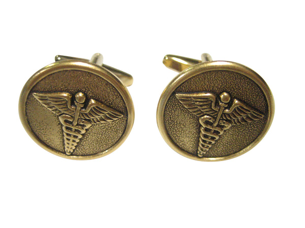 Gold Toned Round Medical Caduceus Symbol Cufflinks