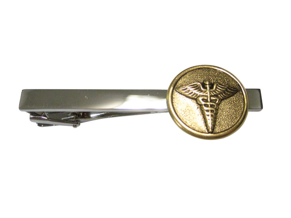 Gold Toned Round Medical Caduceus Symbol Tie Clip