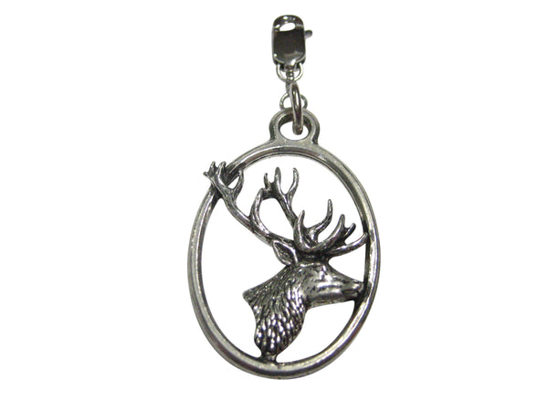 Side Facing Stag Deer Head Large Oval Pendant Zipper Pull Charm