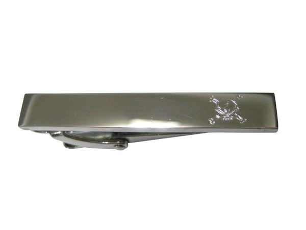 Silver Toned Etched Sleek Angry Skull and Crossbones Skinny Tie Clip