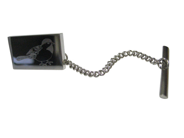 Silver Toned Rectangular Etched Chickadee Bird Tie Tack