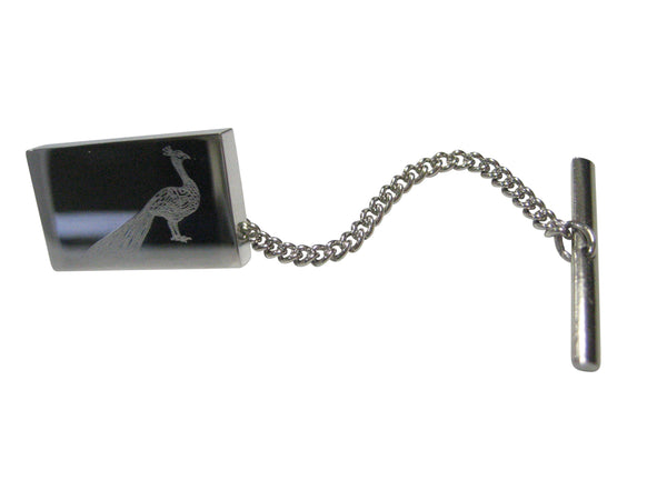 Silver Toned Rectangular Etched Peacock Bird Tie Tack