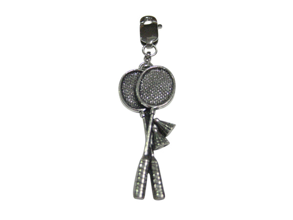 Silver Toned Badminton Racquets With Shuttlecock Pendant Zipper Pull Charm