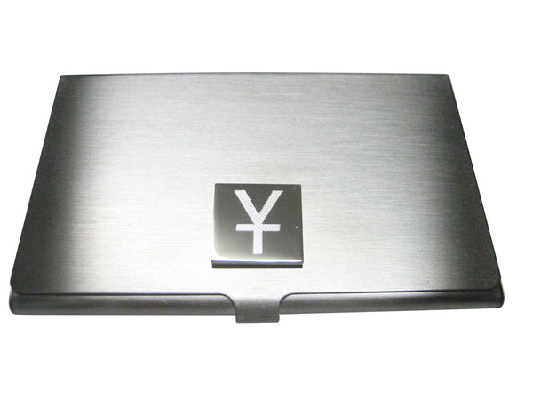 Silver Toned Etched Chinese Yuan Currency Sign Business Card Holder