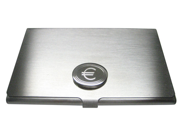 Silver Toned Etched Oval Euro Currency Sign Business Card Holder