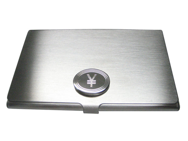 Silver Toned Etched Oval Japanese Yen Currency Sign Business Card Holder