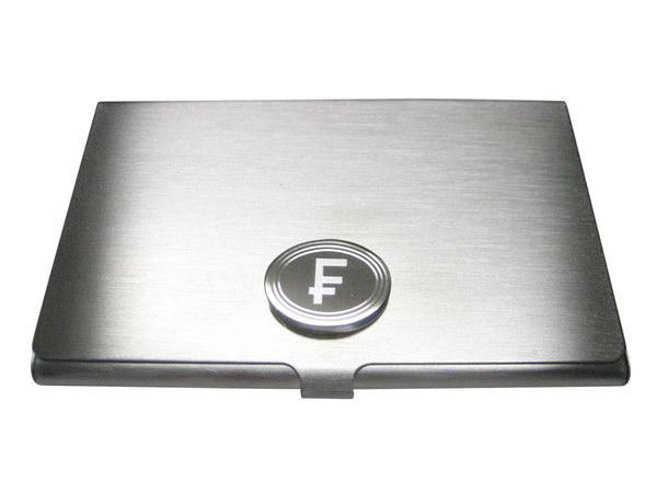 Silver Toned Etched Oval Swiss Franc Currency Sign Business Card Holder