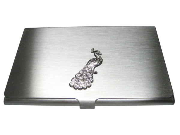 Silver Toned Sitting Peacock Bird Business Card Holder